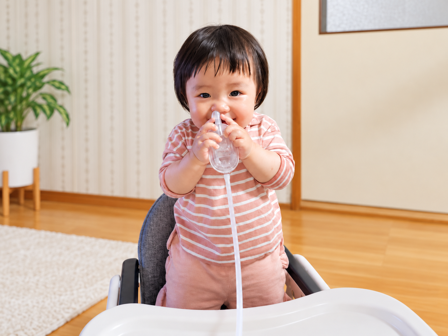 子どもが自分で電動鼻吸い器シュポットを使っている様子