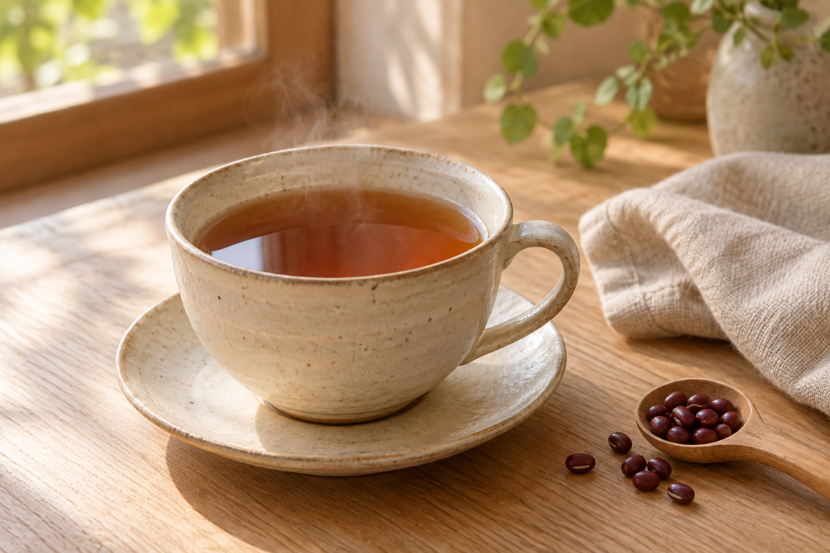 窓辺に置いた温かい小豆茶と小豆のAI生成のイメージ
