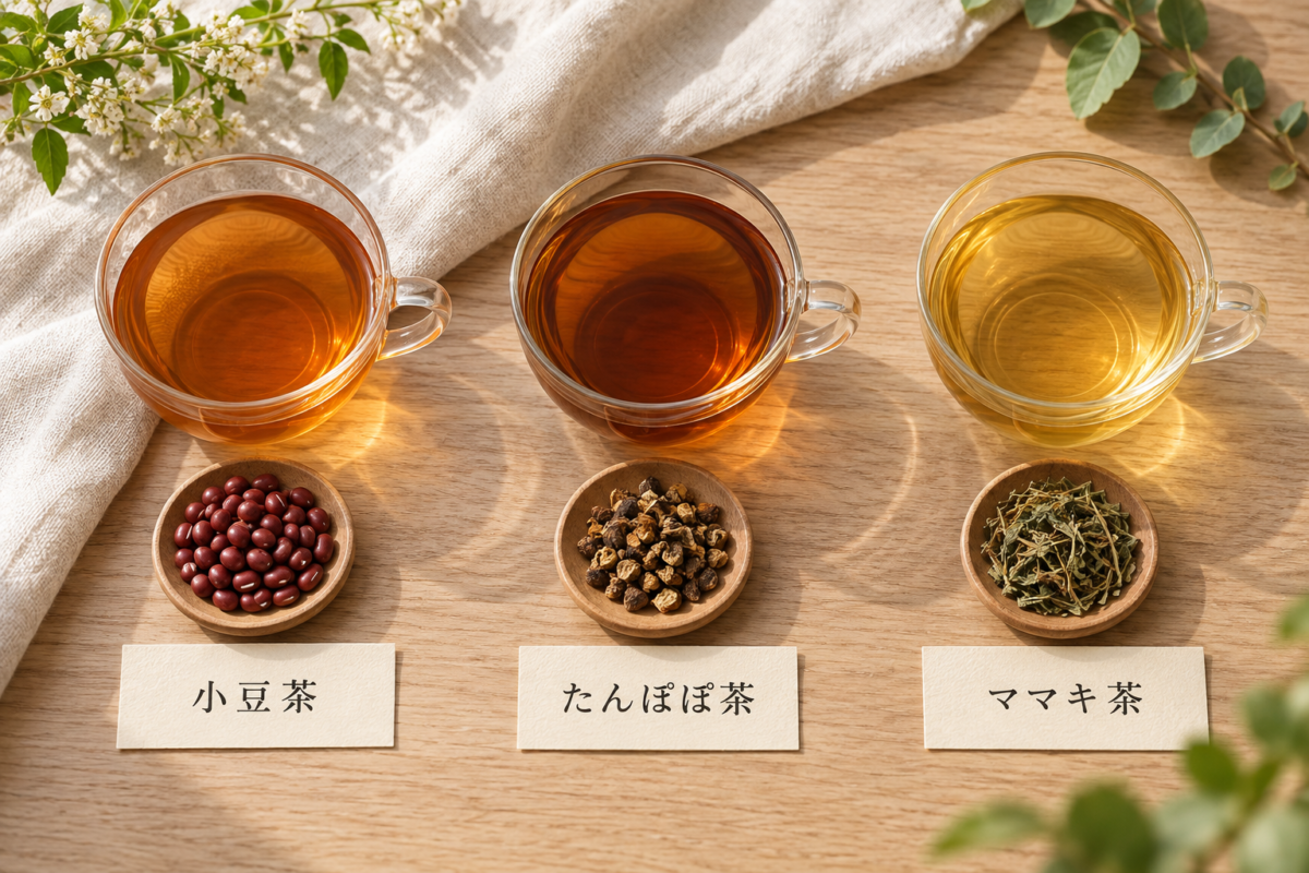 小豆茶・たんぽぽ茶・ママキ茶のカップと原料を並べたAI生成のイメージ